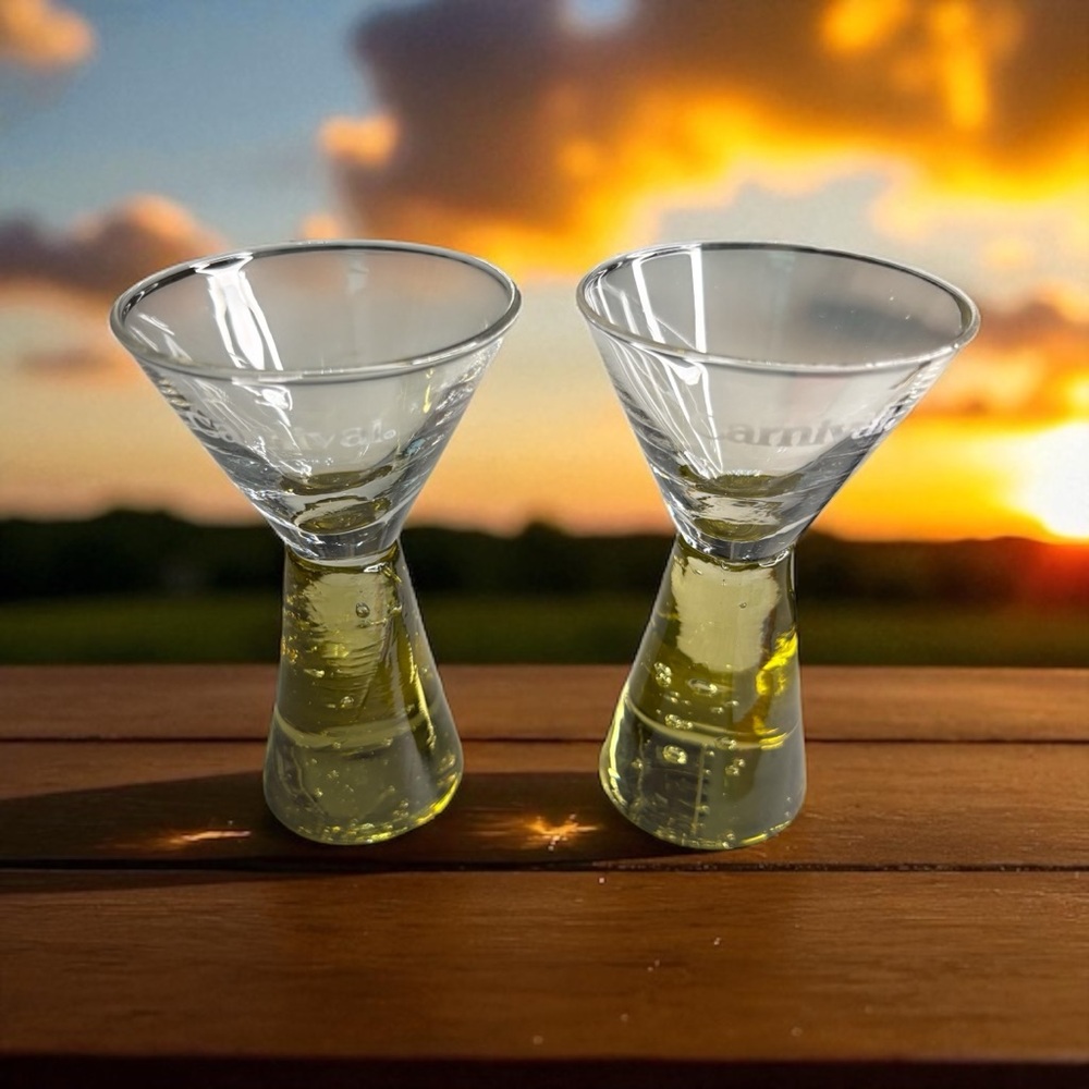 2 Carnival Cruise Lines Pedestal Style Hand Blown Shot Glasses Souvenir Yellow